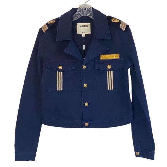 L’AGENCE Eisenhower Navy Military Crop Jacket Epaulettes Sz S NWT - Picture 12 of 12